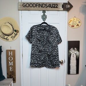 Lane Bryant Black And White Button Down Ruffled Geometric Blouse Size 18/20